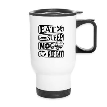 Eat, Sleep, Mog, Repeat, - Unimog - Oldtimer - Thermobecher mit Tragegriff - Weiß - Vorne