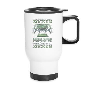 Der König will zocken Gamer Spruch mit Controller - Thermobecher mit Tragegriff - Weiß - Vorne