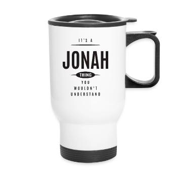 Es ist ein Jonah Thing Personalisierter Name - Thermobecher mit Tragegriff - Weiß - Vorne