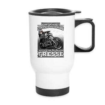 Kommt im Herbst die Nässe Lustiges Motorrad Fahrer - Thermobecher mit Tragegriff - Weiß - Vorne