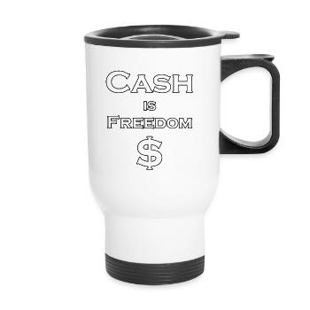 L’argent comptant est FREEDOM $ - blanc avec bordure noire - Tasse isotherme avec poignée - blanc - Devant