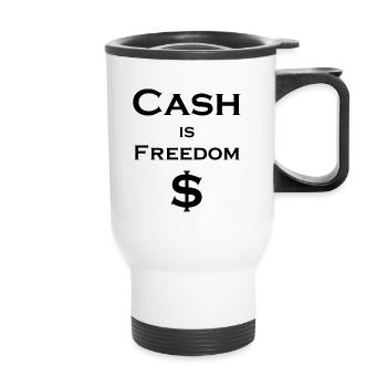 L’argent comptant est FREEDOM $ - noir avec bordure blanche - Tasse isotherme avec poignée - blanc - Devant