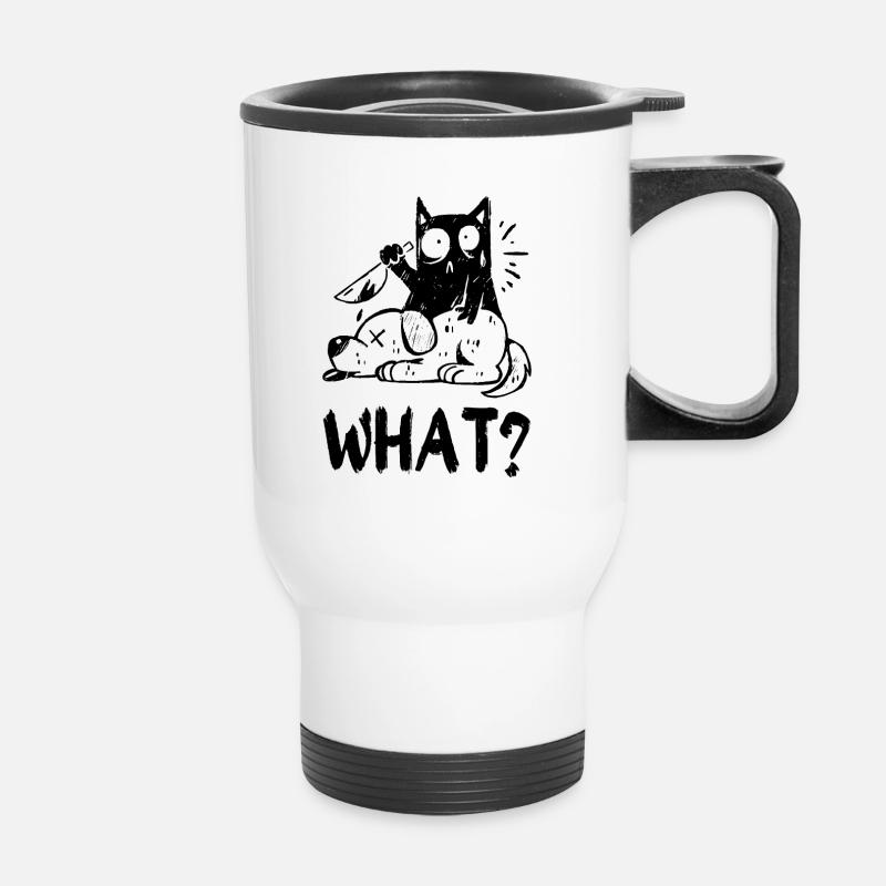 Quoi? Chat noir meurtrier avec couteau - Tasse isotherme avec poignée - blanc