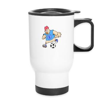 Comic Huhn spielt Fußball - Thermobecher mit Tragegriff - Weiß - Vorne