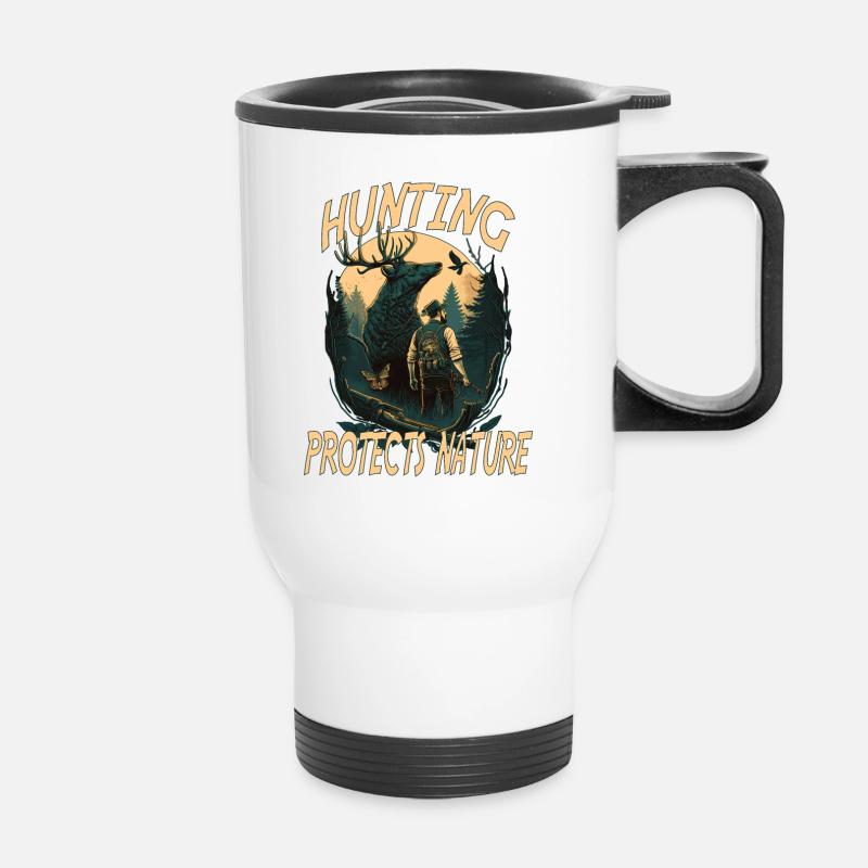 Hunters with animals in the forest with lettering - Thermal mug with handle - white