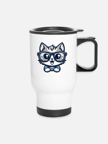 Niedliche Comic-Katze mit Nerd-Brille - Thermobecher mit Tragegriff - Weiß