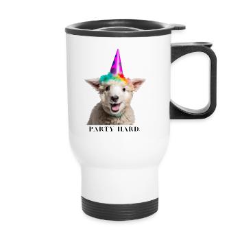 Laughing Sheep with Party Hat "Party Hard" Slogan - Thermal mug with handle - white - Front