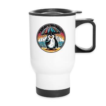 Penguin in the rain with umbrella on the beach - Thermal mug with handle - white - Front