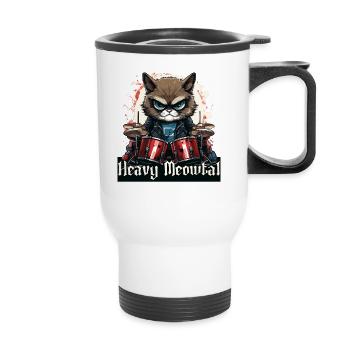 Heavy Metal Headbanger présente Drummer Cat - Tasse isotherme avec poignée - blanc - Devant