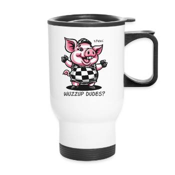 Was geht ab, Leute? lustiges Schwein - Thermobecher mit Tragegriff - Weiß - Vorne