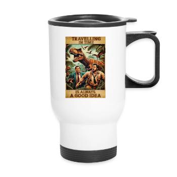 90s movie poster design Time travel T-Rex Humor - Thermal mug with handle - white - Front