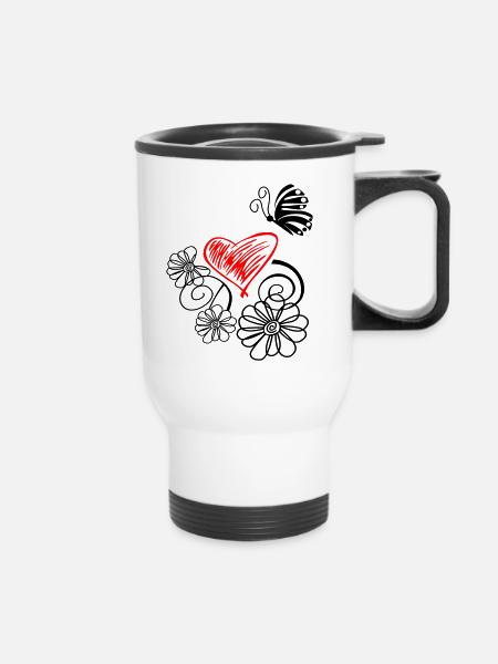 Fleur avec coeur et papillon - Tasse isotherme avec poignée - blanc