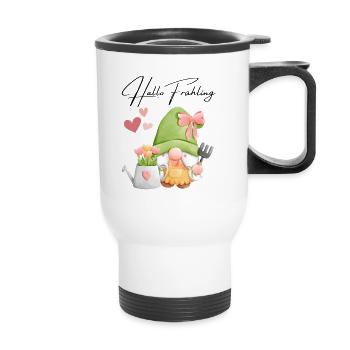 Bonjour le printemps - nain jardinier avec des tulipes - Tasse isotherme avec poignée - blanc - Devant