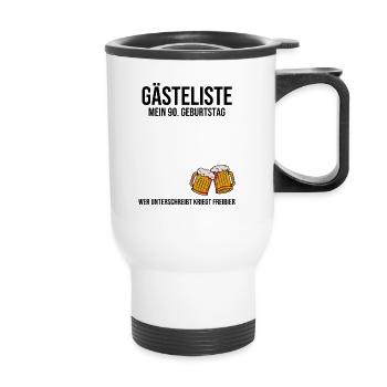 90. Geburtstag - Gästeliste Gästebuch - Thermobecher mit Tragegriff - Weiß - Vorne
