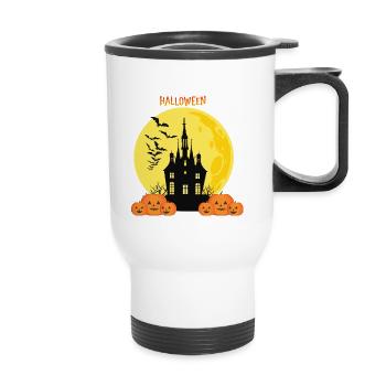 Halloween castle with pumpkins and moon - Thermal mug with handle - white - Front