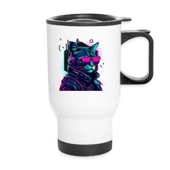 Cyberpunk Katze mit Sonnebrille - Thermobecher mit Tragegriff - Weiß - Vorne