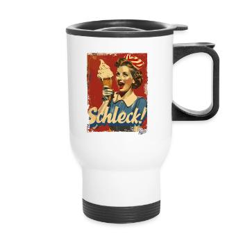 Fröhliche 1950er-Hausfrau mit Eiscreme – Schleck! - Thermobecher mit Tragegriff - Weiß - Vorne