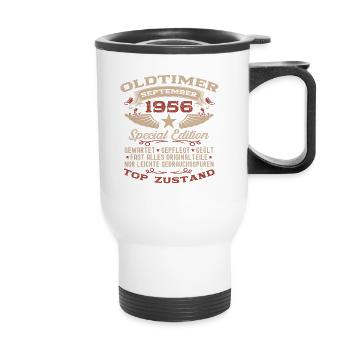 68. Geburtstag September Oldtimer 1956 Jahrgang - Thermobecher mit Tragegriff - Weiß - Vorne