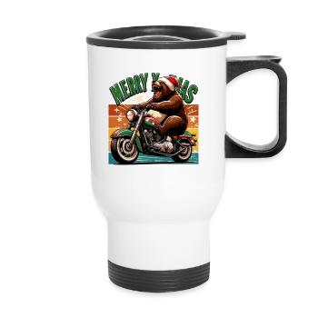 Xmas Weihnachten Bär Motorrad Retro Biker Lustig - Thermobecher mit Tragegriff - Weiß - Vorne