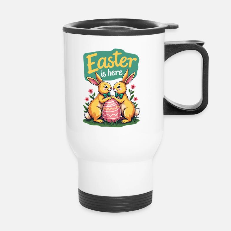 Easter is here – Süße Osterhasen mit Osterei - Thermobecher mit Tragegriff - Weiß