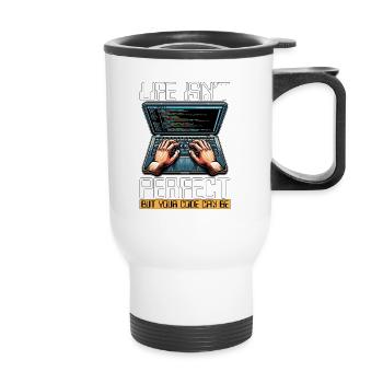 Coder Life Isn't Perfect But Your Code Developer - Thermobecher mit Tragegriff - Weiß - Vorne