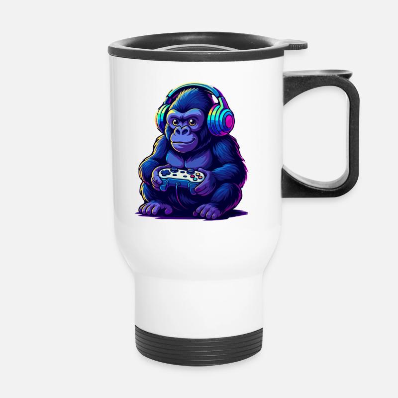 Gamer Gorilla mit Kopfhörern - Thermobecher mit Tragegriff - Weiß