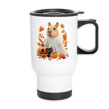 Halloween Capybara Katze Geist Geschenkidee - Thermobecher mit Tragegriff - Weiß - Vorne