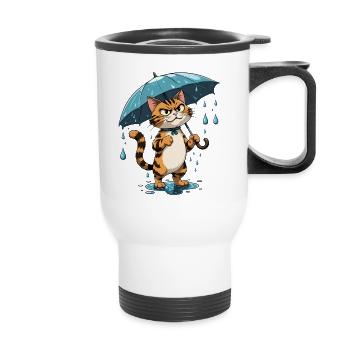 Kitten with umbrella in the rain - Thermal mug with handle - white - Front