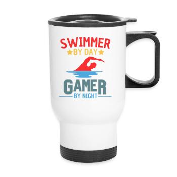 Swimmer By Day Gamer By Night - Thermobecher mit Tragegriff - Weiß - Vorne
