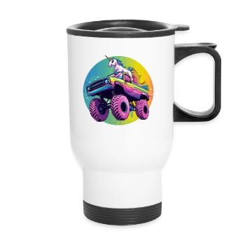 Bunter Rainbow Monster Truck mit Einhorn - Thermobecher mit Tragegriff - Weiß - Vorne