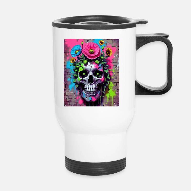 Totenkopf Blumen - Thermobecher mit Tragegriff - Weiß