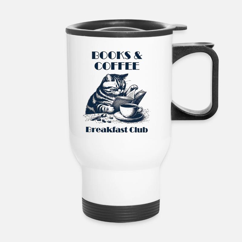 Reading Cat – Bücher & Kaffee - Thermobecher mit Tragegriff - Weiß