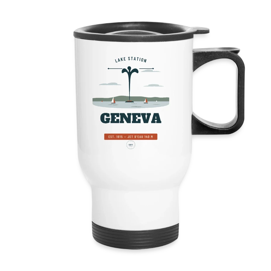 Geneva badge on a thermal mug with handle, white