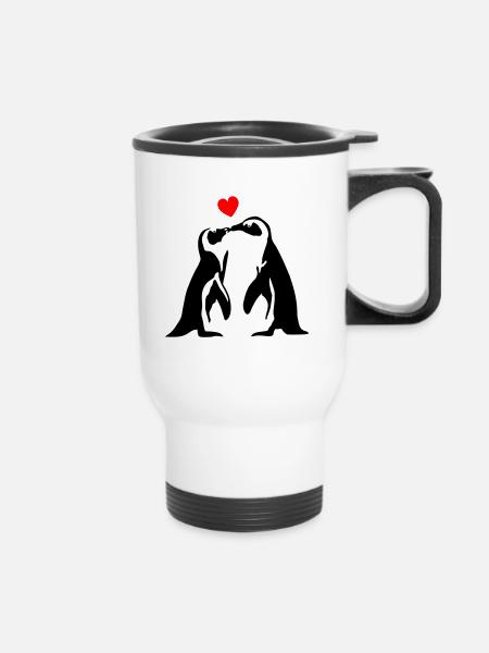 Penguin - Couple with heart, love - Thermal mug with handle - white