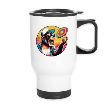Chimpanzé avec lunettes de soleil, casquette de baseball et frisbee - Tasse isotherme avec poignée - blanc - Devant