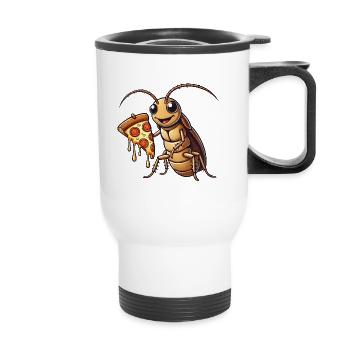 Cute cartoon cockroach with salami pizza - Thermal mug with handle - white - Front
