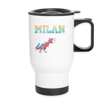 MILAN - Beau prénom de garçon avec dinosaure - Tasse isotherme avec poignée - blanc - Devant