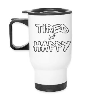 Tired but Happy white - Thermal mug with handle - white - Back
