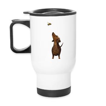 Dackel mit Hummel - Süßestes Dackel Geschenk ever! - Thermobecher mit Tragegriff - Weiß - Hinten