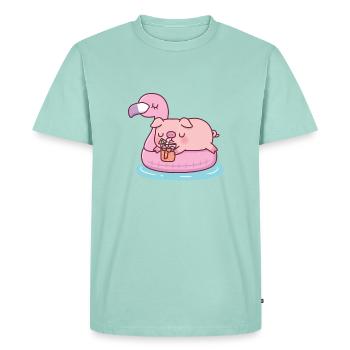 Cute Pig Chilling On Pink Flamingo Pool Float - Men's Premium Organic T-Shirt - mint  - Front - Nico (187cm)