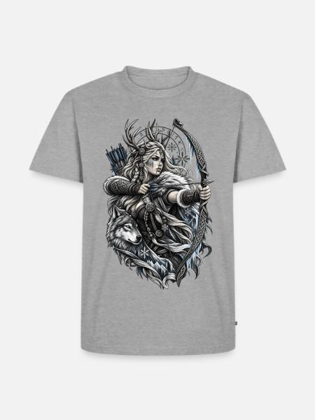 Wikinger Bogenschützin mit Wolf – Noventra - Männer Premium Bio T-Shirt - Grau meliert
