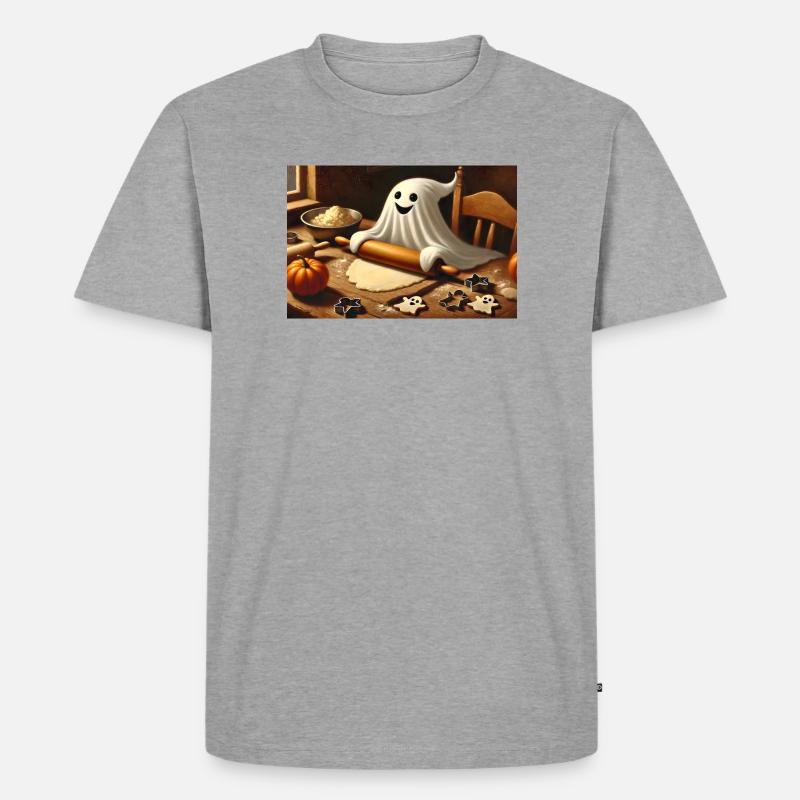 Geist beim Plätzchenbacken: Süßer Halloween Spaß - Männer Premium Bio T-Shirt - Grau meliert