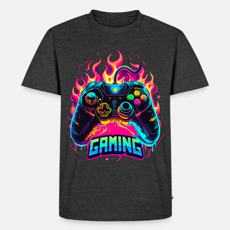 Gaming Controller Flammen Kunst - Männer Premium Bio T-Shirt - Anthrazit meliert