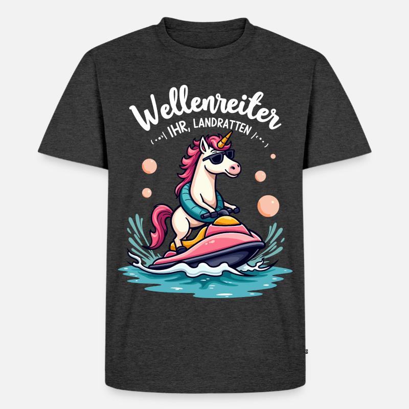 Pinker Einhorn Wellenreiter - Männer Premium Bio T-Shirt - Anthrazit meliert
