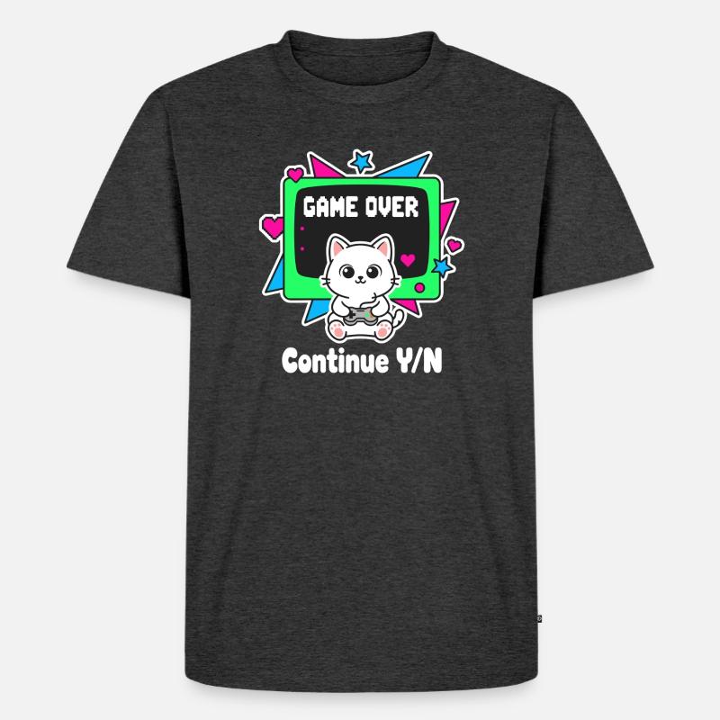 Retro Katzen Controller Game Over - Männer Premium Bio T-Shirt - Anthrazit meliert