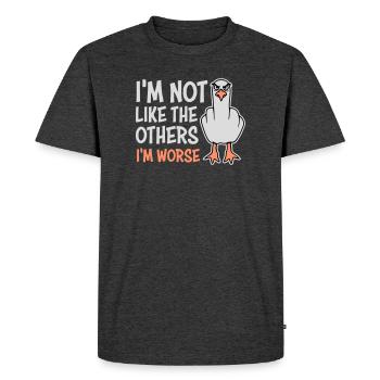 Mouette au majeur en Moins Comme les Autres, Je suis pire - T-shirt Premium bio Homme - anthracite chiné - Devant - Nico (187cm)