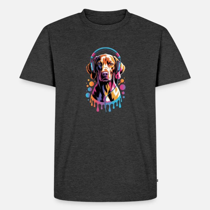 Viszla mit Kopfhörer - Männer Premium Bio T-Shirt - Anthrazit meliert