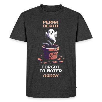 Mort permanente | L’oubli des plantes | Dicton du joueur - T-shirt Premium bio Homme - anthracite chiné - Devant - Nico (187cm)