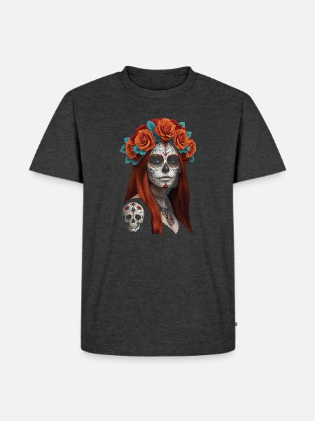 Blumen Zucker Schädel Porträt - Männer Premium Bio T-Shirt - Anthrazit meliert