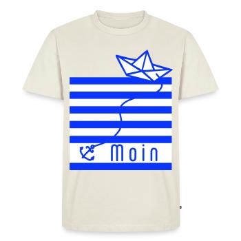 Papier Ship sur Bandes Bleues avec Lettrage Moin - T-shirt Premium bio Homme - blanc cassé - Devant - Nico (187cm)